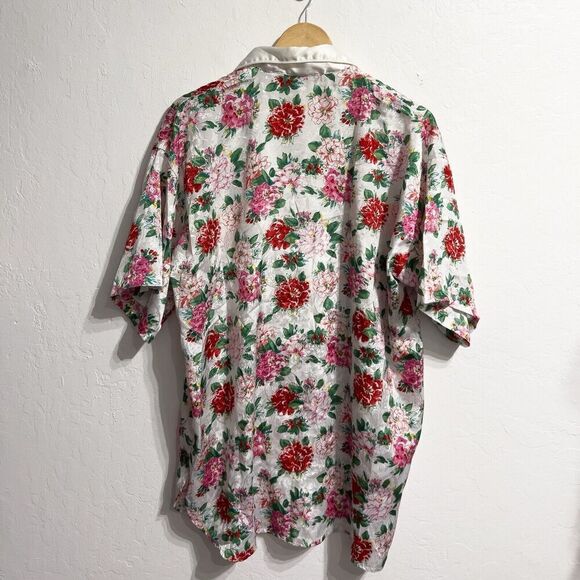 Victorias Secret Gold Label Sleep Shirt M/L Pink Red Floral Satin Short Sleeve - Picture 5 of 6